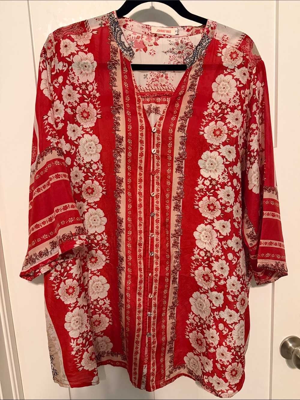Johnny Was 100% Silk Cream and Red Floral Blouse